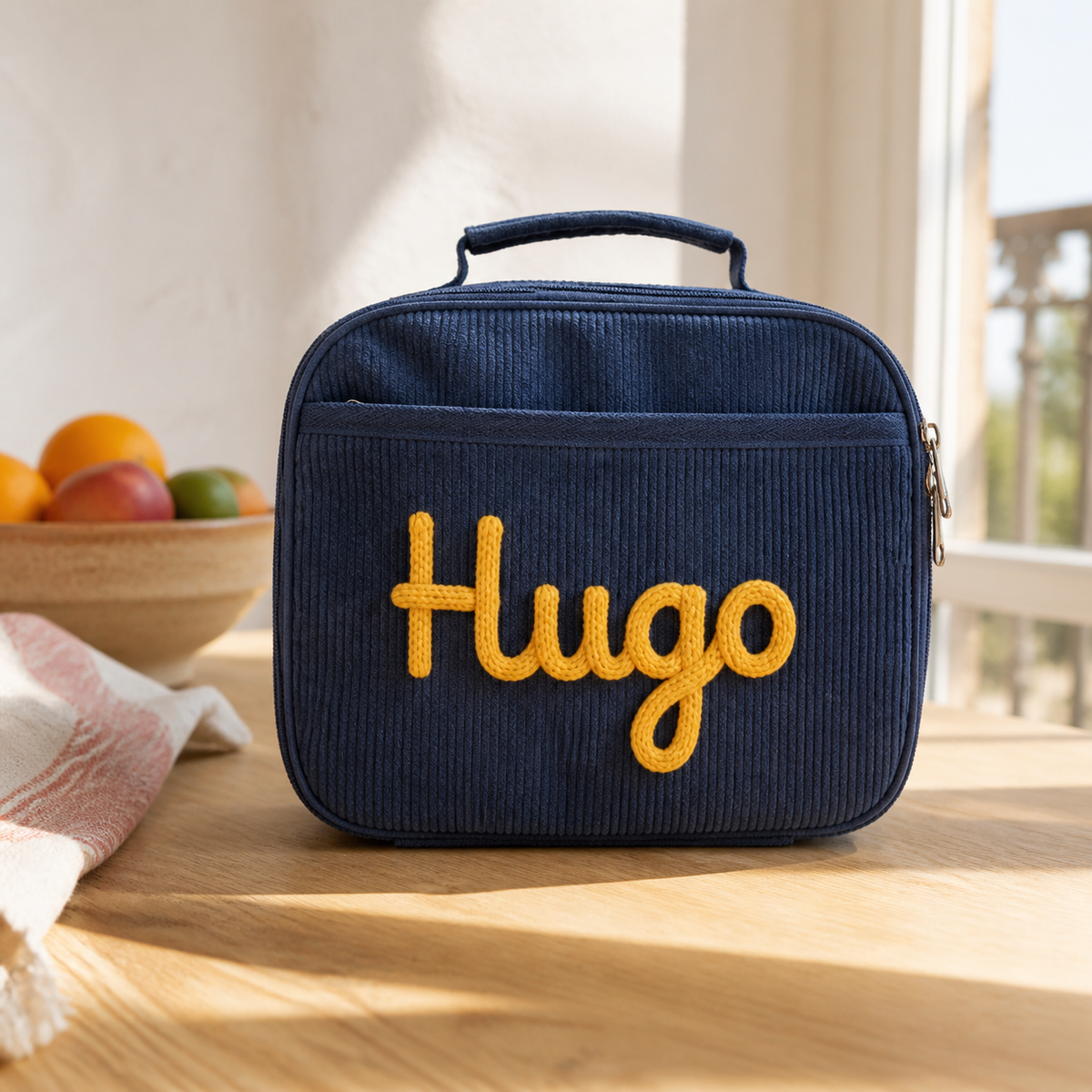 Bolsa de almuerzo de pana azul marino personalizada con el nombre Hugo