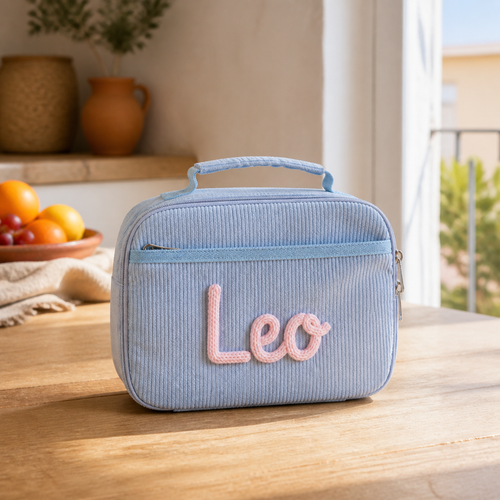 Bolsa de almuerzo de pana azul personalizada con el nombre Leo