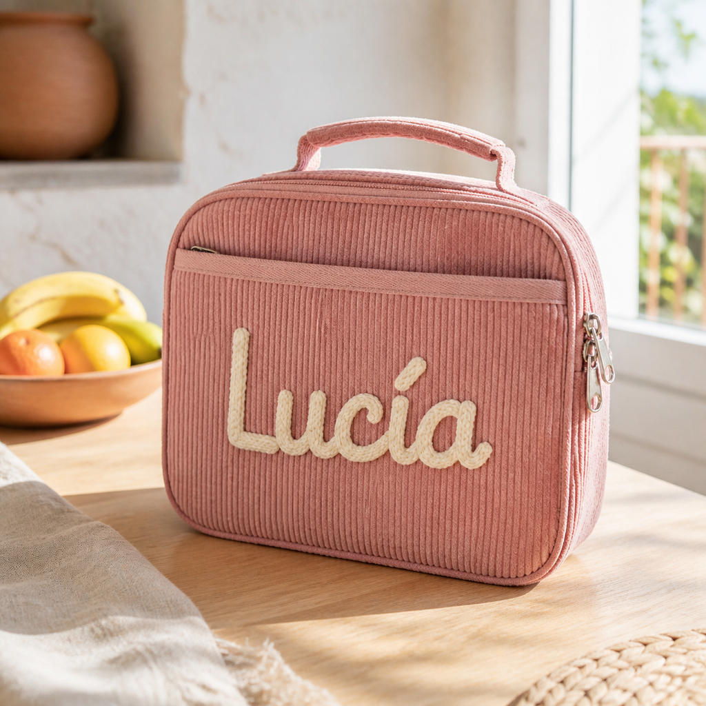 Bolsa de almuerzo de pana rosa personalizada con el nombre Lucía