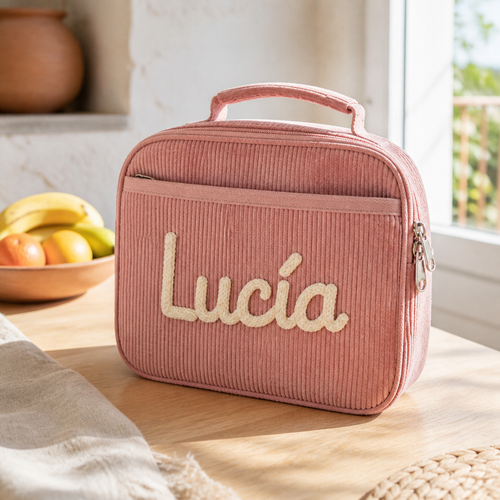 Bolsa de almuerzo de pana rosa personalizada con el nombre Lucía