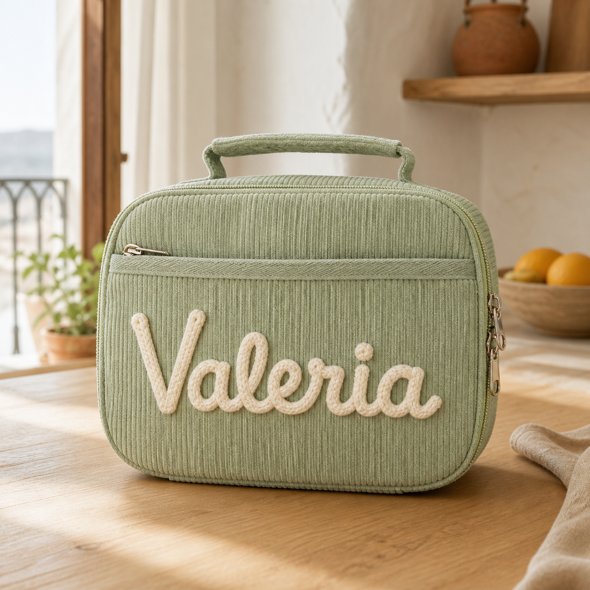 Bolsa de almuerzo de pana verde personalizada con el nombre Valeria