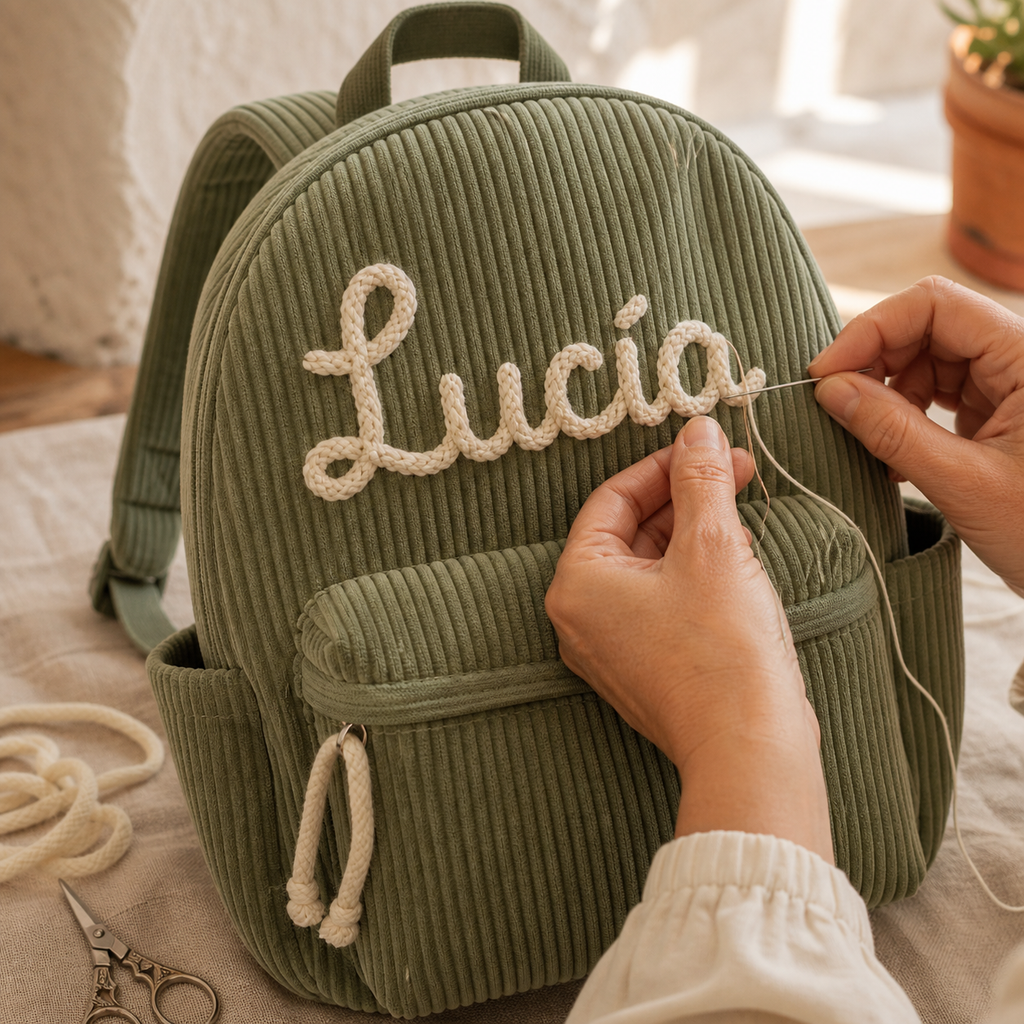 Manos cosiendo a mano las letras de hilo tejido del nombre Lucía sobre la pana