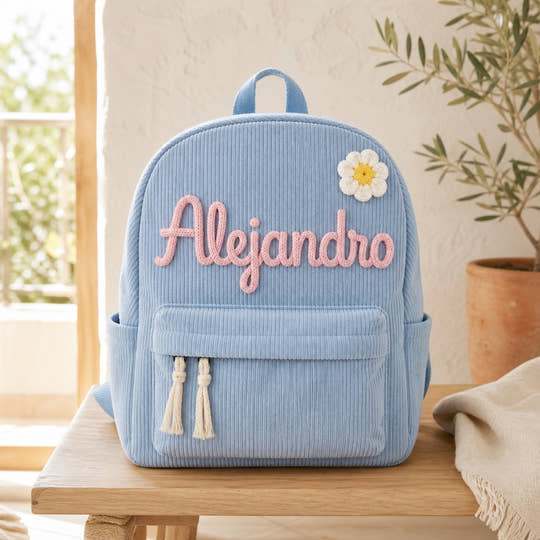 Mochila infantil de pana azul personalizada con el nombre Alejandro tejido a mano