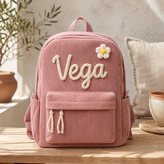 Mochila infantil de pana rosa personalizada con el nombre Vega tejido a mano