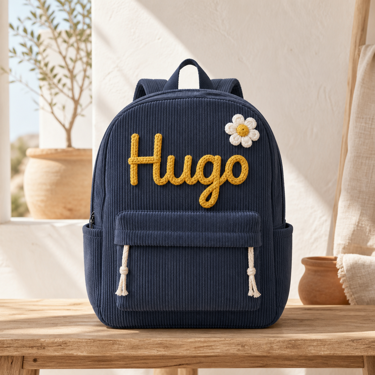 Mochila infantil de pana azul marino personalizada con el nombre Hugo tejido a mano