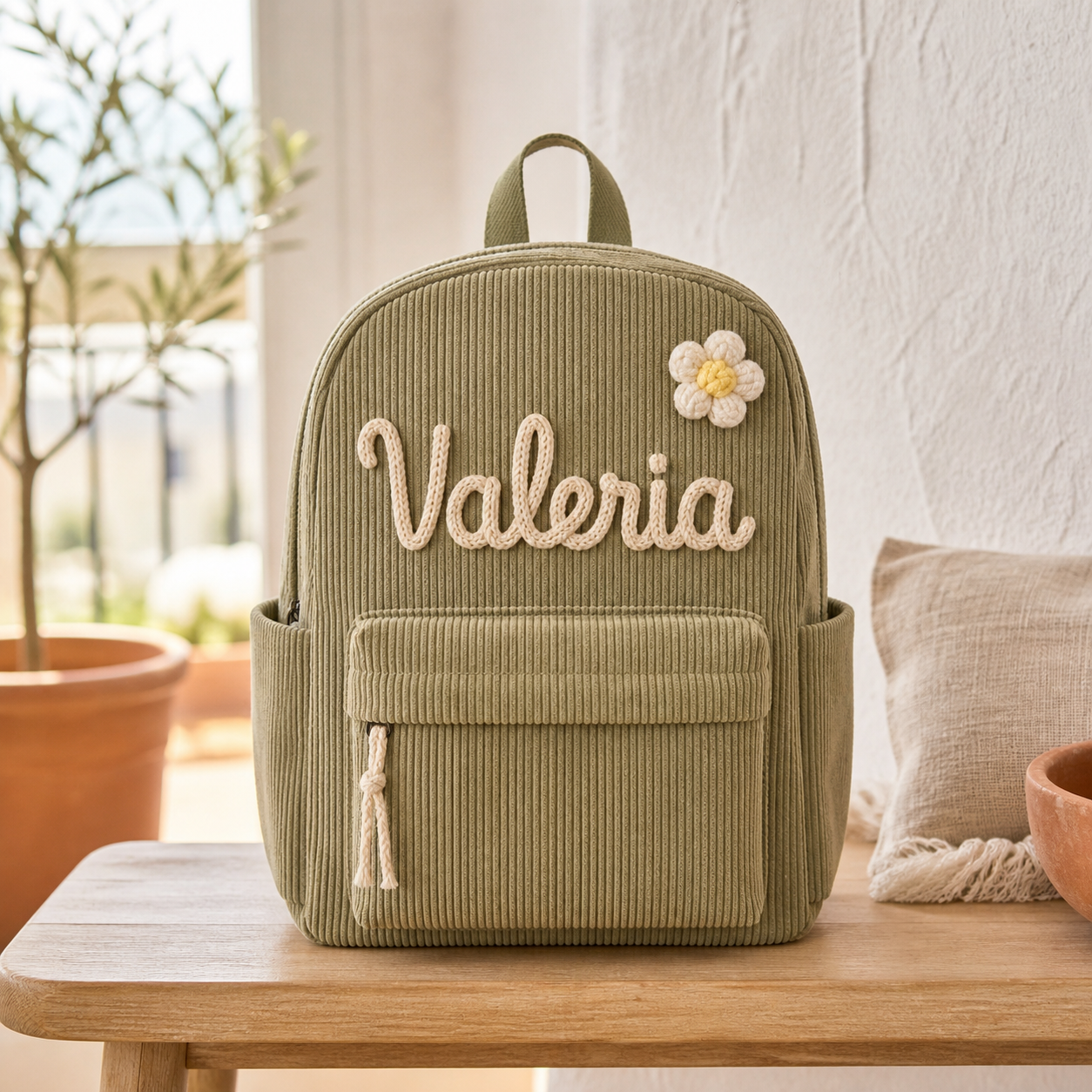 Mochila infantil de pana caqui personalizada con el nombre Valeria tejido a mano