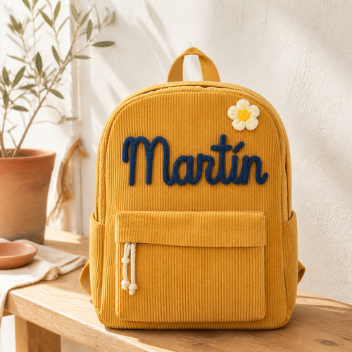 Mochila infantil de pana mostaza personalizada con el nombre Martín tejido a mano