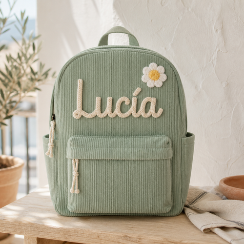 Mochila infantil de pana verde personalizada con el nombre Lucía tejido a mano