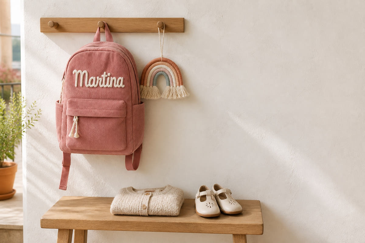 Mochila de pana rosa personalizada colgada en un perchero, vuelta al cole