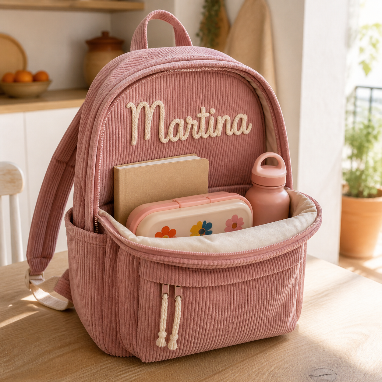 Interior de la mochila de pana abierta con cuaderno, fiambrera y botella