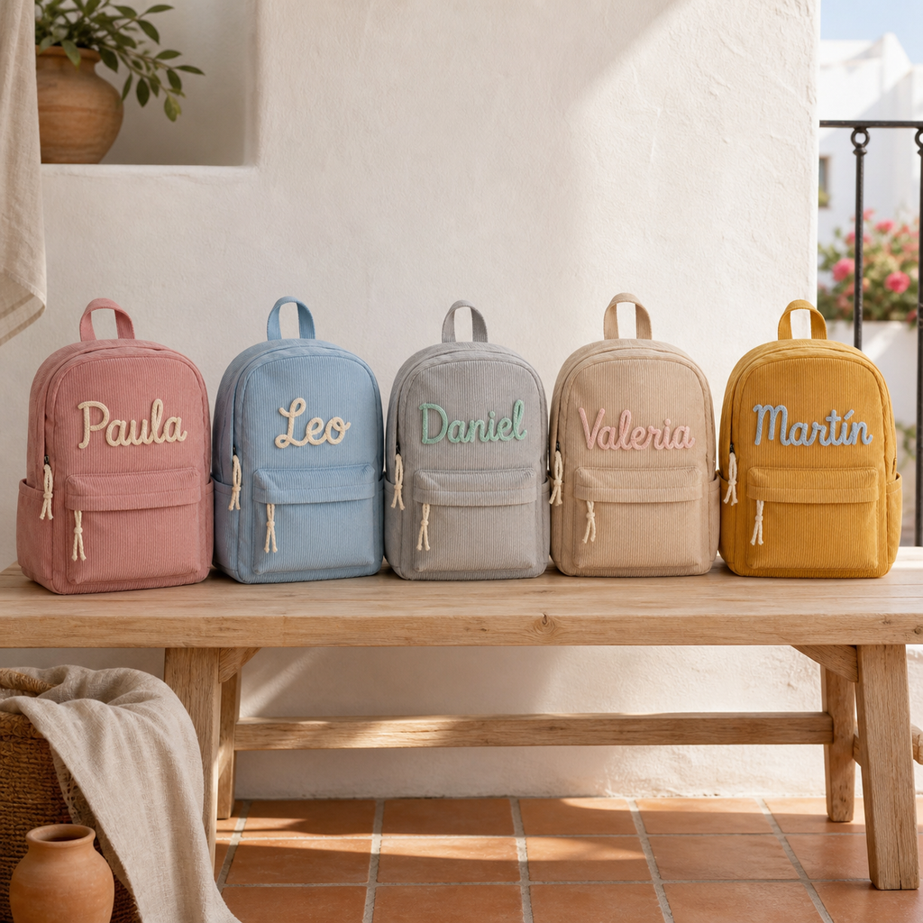 Cinco mochilas de pana personalizadas en rosa, azul, gris, beige y mostaza