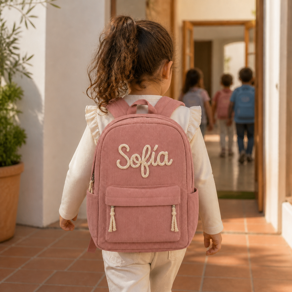 Niña de espaldas con su mochila de pana rosa personalizada en la puerta del cole