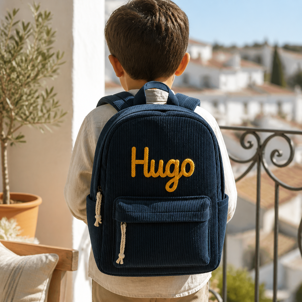 Niño de espaldas con su mochila de pana azul marino personalizada