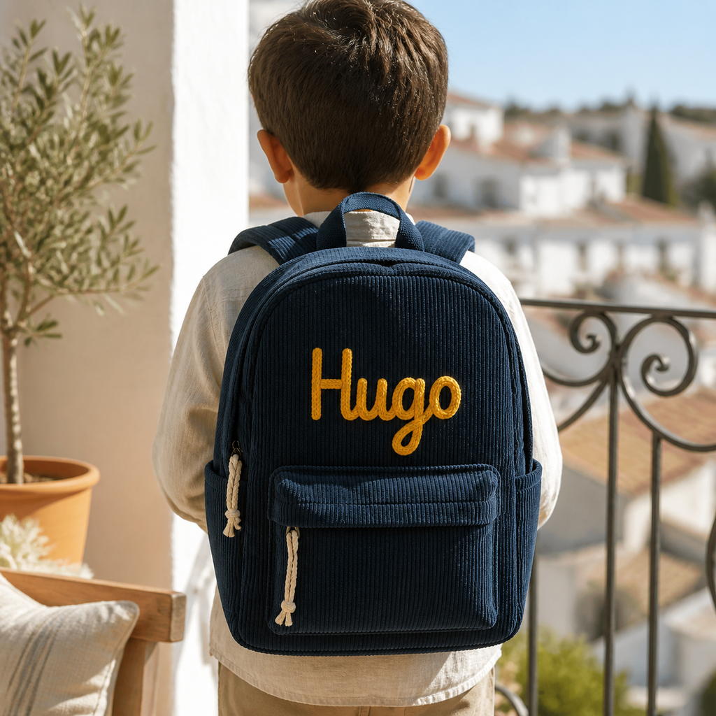 Niño de espaldas con su mochila de pana azul marino personalizada