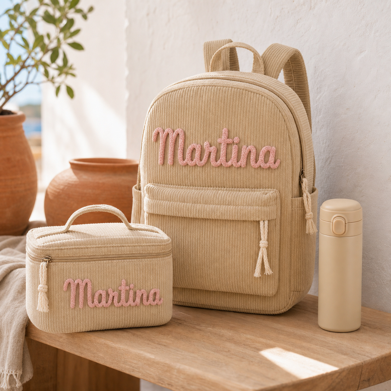 Conjunto beige: mochila, bolsa de almuerzo y botella personalizadas con el nombre Martina