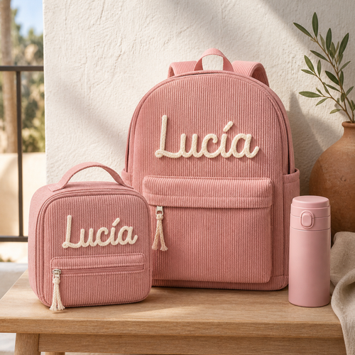 Conjunto rosa: mochila, bolsa de almuerzo y botella personalizadas con el nombre Lucía